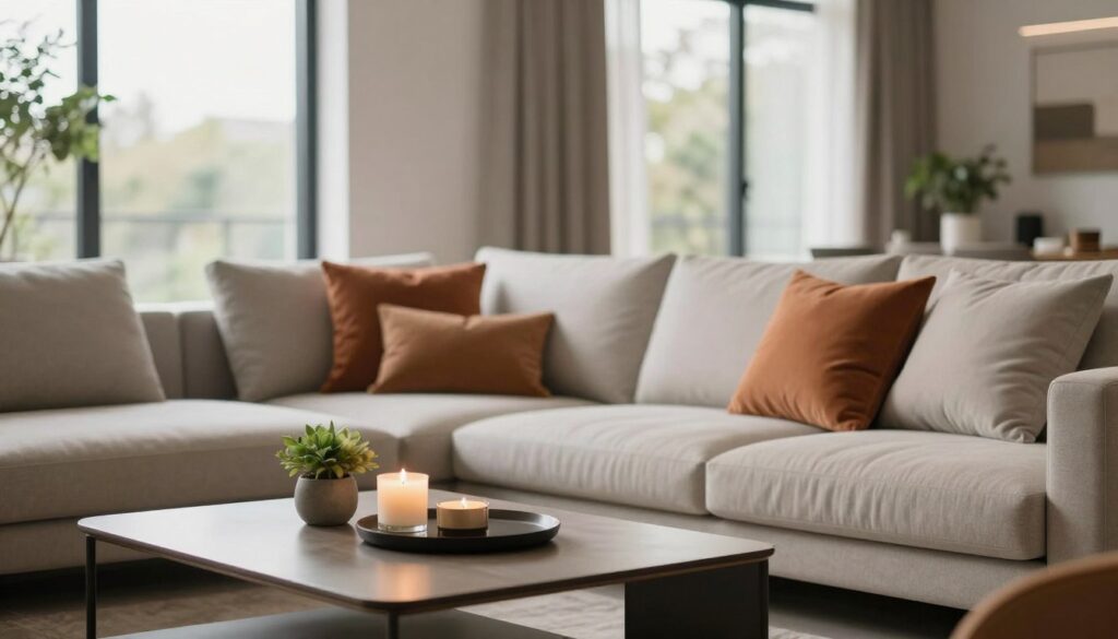 A stylish and modern living room interior, showcasing an elegant design with a minimalist approach. In the foreground, a sleek coffee table adorned with a few trendy decor items like a candle and a small plant. The middle features a comfortable sofa in a neutral tone, accented with vibrant cushions. Large windows in the background allow soft, natural light to fill the space, creating a warm and inviting atmosphere. Subtle greenery is visible outside, enhancing the tranquil mood. The scene captures a polished aesthetic with a soft focus, suggesting a welcoming environment. Overall, the composition conveys sophistication and contemporary style, perfect for a social media showcase. A stylish and modern living room interior, showcasing an elegant design with a minimalist approach. In the foreground, a sleek coffee table adorned with a few trendy decor items like a candle and a small plant. The middle features a comfortable sofa in a neutral tone, accented with vibrant cushions. Large windows in the background allow soft, natural light to fill the space, creating a warm and inviting atmosphere. Subtle greenery is visible outside, enhancing the tranquil mood. The scene captures a polished aesthetic with a soft focus, suggesting a welcoming environment. Overall, the composition conveys sophistication and contemporary style, perfect for a social media showcase.
