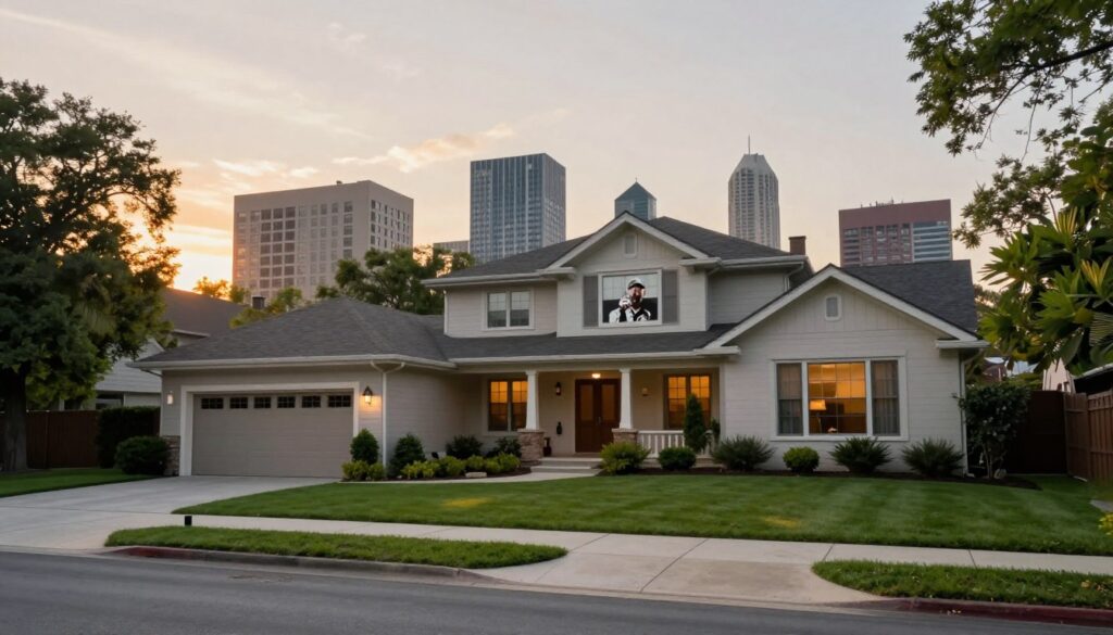 A stylish and modern real estate scene depicting Eminem's past residences and properties, showcasing architectural elements that reflect both luxury and hip-hop culture. In the foreground, there’s an elegant house with a well-manicured lawn and a sleek driveway. The middle ground features an urban skyline, subtly hinting at Eminem's musical roots, with iconic motifs of Detroit. The background reveals a sunset casting a warm, golden light, creating a nostalgic mood that enhances the idea of a celebrity’s journey through real estate. The image captures a sense of value and transformation, with lush greenery surrounding the property, evoking a blend of success and home. Use a slightly wide-angle lens to capture the full scene, ensuring clarity and depth in the details.