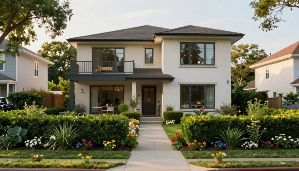 A suburban setting showcasing the home of a former politician, focusing on a modern, elegant house with a well-kept garden. In the foreground, lush greenery frames the entrance, featuring neat hedges and colorful flowers, with a pathway leading to the main door. The middle ground includes the house itself, which has a contemporary architectural style with large windows and a modest balcony. The background shows trees lining the street, indicating a peaceful neighborhood. The scene is bathed in warm, natural light suggesting late afternoon, with soft shadows for depth. The atmosphere is serene and inviting, capturing a sense of privacy and comfort, ideal for a public figure's residence.