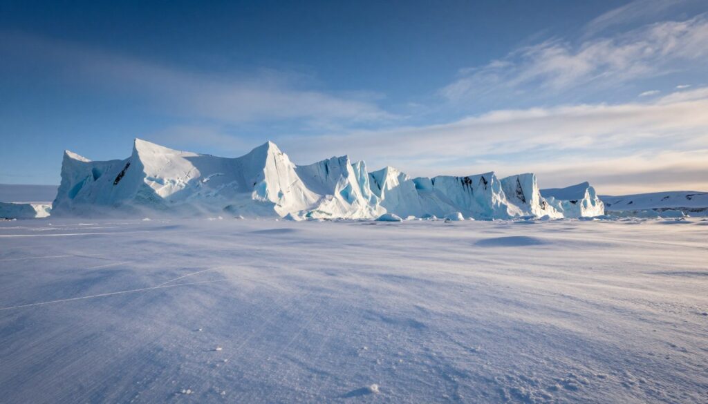A sweeping Arctic landscape showcasing an expansive foreground of pristine, glistening snowflakes covering the ground, gently blown by a cold wind creating soft drifts. In the middle ground, a series of towering ice formations and majestic glaciers rise sharply, their reflective surfaces catching the pale, diffused light of a low sun, casting long shadows. The background reveals a deep blue sky with hints of soft, swirling clouds, evoking an atmosphere of quiet solitude and stark beauty. The sharp contrast of bright white snow against the icy blue tones creates a serene ambiance. The scene captures the essence of extreme Arctic conditions, highlighting the harsh yet breathtaking environment where the Inuit reside, evoking feelings of both awe and respect for this unique cultural heartland.