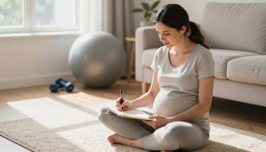 A thoughtful, serene scene of a pregnant woman in a cozy, well-lit living room, dressed in modest, comfortable clothing. She is sitting cross-legged on a soft rug, pen in hand, jotting down notes in a notebook on healthy pregnancy habits. Bright natural light filters through a window adorned with soft curtains, casting gentle shadows. In the background, a few fitness-related items are subtly placed, like an exercise ball and dumbbells, hinting at safe physical activity. The atmosphere is encouraging and calm, radiating positivity about maintaining health during pregnancy. The camera angle should be slightly overhead, capturing both the woman and her surroundings harmoniously, while emphasizing a sense of balance and tranquility. A thoughtful, serene scene of a pregnant woman in a cozy, well-lit living room, dressed in modest, comfortable clothing. She is sitting cross-legged on a soft rug, pen in hand, jotting down notes in a notebook on healthy pregnancy habits. Bright natural light filters through a window adorned with soft curtains, casting gentle shadows. In the background, a few fitness-related items are subtly placed, like an exercise ball and dumbbells, hinting at safe physical activity. The atmosphere is encouraging and calm, radiating positivity about maintaining health during pregnancy. The camera angle should be slightly overhead, capturing both the woman and her surroundings harmoniously, while emphasizing a sense of balance and tranquility.
