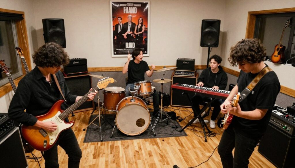 A vibrant band scene featuring a music group in a cozy rehearsal space. In the foreground, two musicians are passionately playing guitars, dressed in smart casual attire, engaged and focused on their music. The middle ground showcases a drummer energetically keeping the rhythm with a set of drums, while a keyboardist adds melodic depth. Behind them, a poster of the band's name hangs on a wall filled with musical instruments and sound equipment, creating an atmosphere of creativity and collaboration. Soft, warm lighting casts a welcoming glow over the scene, and a wide-angle perspective captures the dynamic energy of the rehearsal space, evoking a sense of camaraderie and artistic growth. A vibrant band scene featuring a music group in a cozy rehearsal space. In the foreground, two musicians are passionately playing guitars, dressed in smart casual attire, engaged and focused on their music. The middle ground showcases a drummer energetically keeping the rhythm with a set of drums, while a keyboardist adds melodic depth. Behind them, a poster of the band's name hangs on a wall filled with musical instruments and sound equipment, creating an atmosphere of creativity and collaboration. Soft, warm lighting casts a welcoming glow over the scene, and a wide-angle perspective captures the dynamic energy of the rehearsal space, evoking a sense of camaraderie and artistic growth.