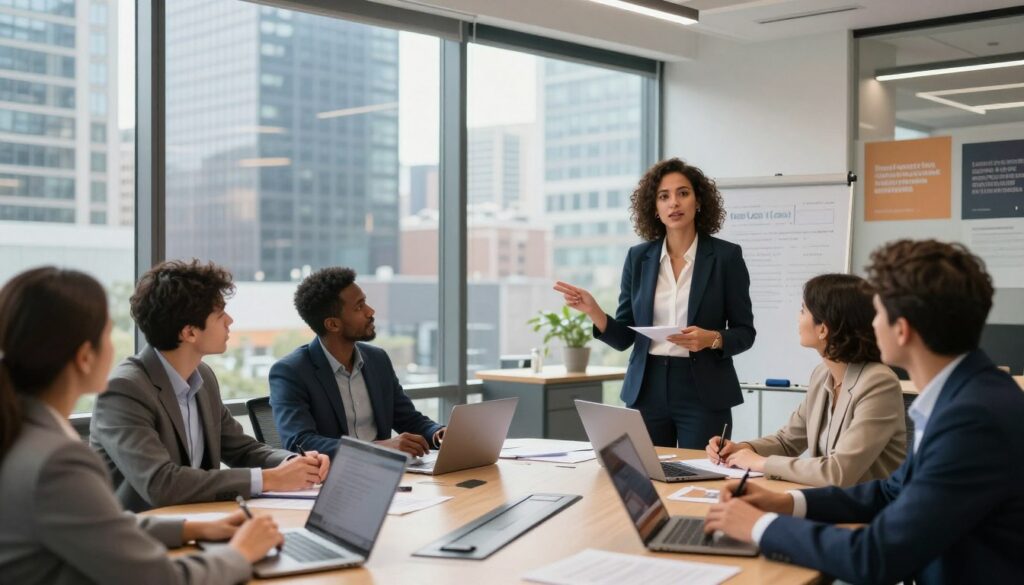 A vibrant cityscape depicting a busy office environment, showcasing a diverse group of professionals engaged in dynamic discussions around a large conference table with laptops and documents spread out. In the foreground, a confident businesswoman in smart attire leads a presentation, while colleagues attentively take notes. In the middle ground, large glass windows reveal a bustling city below, with modern skyscrapers symbolizing growth and opportunity. The background features a sleek, contemporary office design with motivational banners on the walls. Bright, natural light filters through the windows, creating an optimistic and energetic atmosphere, with a lens focus on the main group, capturing the spirit of entrepreneurship and business collaboration. A vibrant cityscape depicting a busy office environment, showcasing a diverse group of professionals engaged in dynamic discussions around a large conference table with laptops and documents spread out. In the foreground, a confident businesswoman in smart attire leads a presentation, while colleagues attentively take notes. In the middle ground, large glass windows reveal a bustling city below, with modern skyscrapers symbolizing growth and opportunity. The background features a sleek, contemporary office design with motivational banners on the walls. Bright, natural light filters through the windows, creating an optimistic and energetic atmosphere, with a lens focus on the main group, capturing the spirit of entrepreneurship and business collaboration.