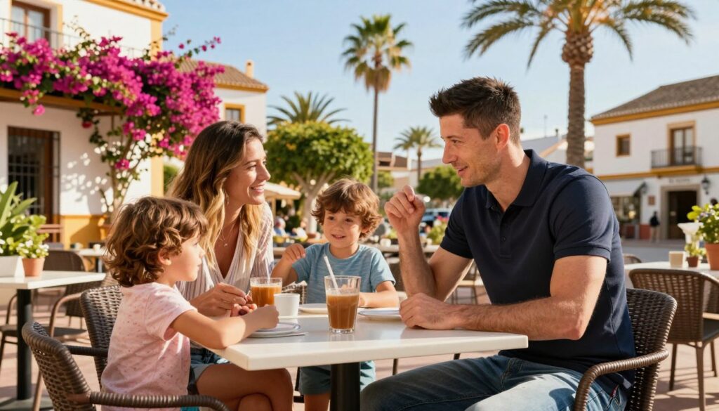 A vibrant scene depicting the everyday life of Robert Lewandowski in Spain. In the foreground, a professional-looking Lewandowski, casually dressed in a stylish polo and jeans, is enjoying quality time with his family at a sunlit outdoor café. His wife is seated next to him, engaged in conversation, while their children play nearby, creating a warm, familial atmosphere. The middle ground shows charming Spanish architecture, with bright bougainvilleas adorning the walls, enhancing the Mediterranean vibe. The background features palm trees swaying gently in the breeze under a clear blue sky, hinting at a relaxed lifestyle. The lighting is soft and warm, reminiscent of a late afternoon, casting gentle shadows that add depth to the scene. The overall mood is joyful and inviting, encapsulating the essence of daily life in Spain.