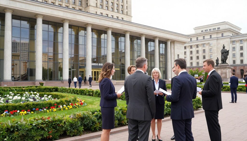 A vibrant scene of the Polish Presidential Chancellery during the years 2011-2015, featuring a modern architectural design with large glass windows reflecting the skyline. In the foreground, a group of professionals in business attire, including men in suits and women in smart dresses, engage in discussion while holding documents. In the middle ground, a well-maintained garden with neatly trimmed hedges and flowers adds a touch of color to the setting. The background showcases the historic elements of the building, with its distinctive white stone façade and traditional statues. Soft, natural lighting bathes the scene, creating a warm and inviting atmosphere. The angle captures a dynamic view, highlighting both the people and the grandeur of the Chancellery, evoking a sense of professional life intertwined with the heart of Polish governance.