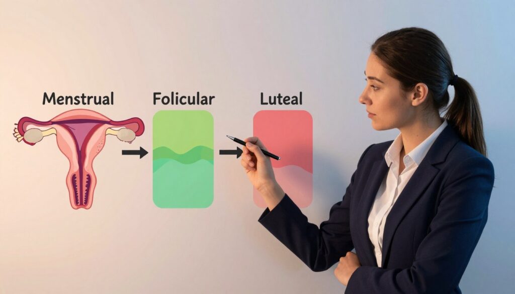 A visually engaging illustration depicting the menstrual cycle phases in a scientific and educational style. In the foreground, include a simple, labeled diagram of the four phases: Menstrual, Follicular, Ovulation, and Luteal, featuring clear, color-coded sections. In the middle, add a model wearing professional business attire, thoughtfully looking at the diagram with a pen in hand, as if explaining it. The background features soft, ambient lighting and a subtle gradient that shifts from warm to cool tones, suggesting the cyclical nature of the process. The atmosphere is informative and calm, ideal for an educational context, conveying clarity and understanding without any distractions or extraneous details.