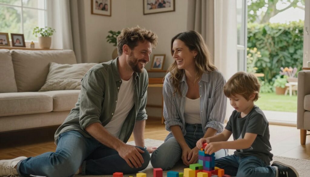 A warm, intimate family scene depicting Sławomir Zapała's private life with his wife and son. In the foreground, a loving couple, dressed casually yet stylishly, share a joyful moment, perhaps laughing together. The son, a young boy of around 6 years, plays nearby with toys, radiating innocent joy. In the middle ground, you can glimpse a cozy living room filled with family photos and personal items that reflect a nurturing home environment. Soft, natural lighting filters through a nearby window, casting gentle shadows and enhancing the warmth of the scene. In the background, hints of a garden can be seen, symbolizing tranquility and family life. The mood is one of happiness, love, and the beauty of day-to-day existence outside the public eye.
