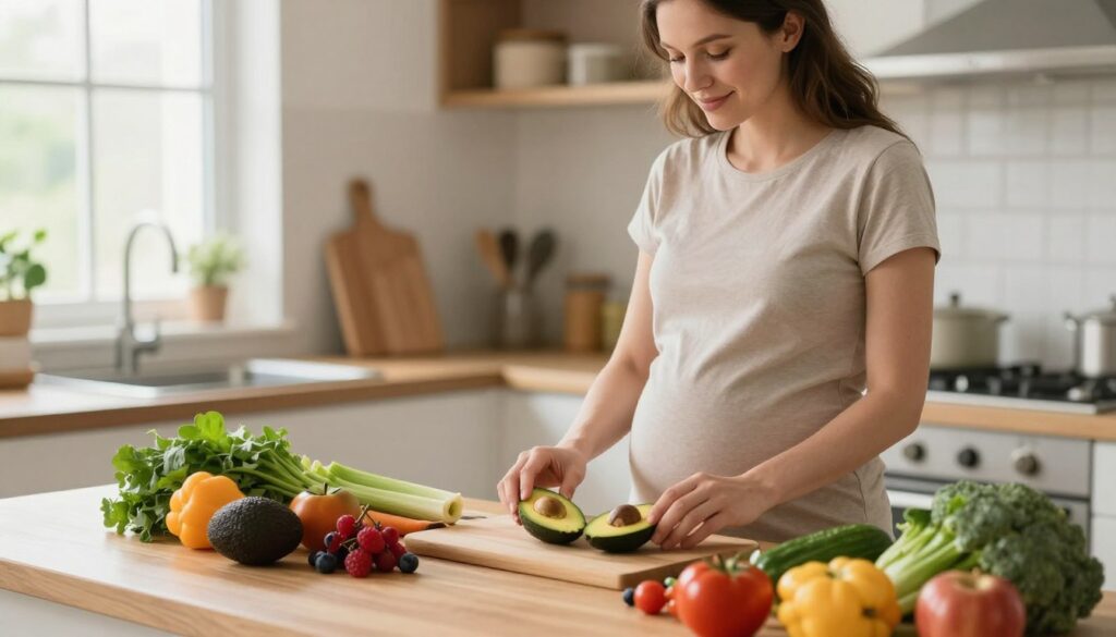 A well-lit kitchen scene featuring a pregnant woman in modest casual clothing, carefully selecting fresh fruits and vegetables from a colorful array on the countertop. In the foreground, vibrant produce such as avocados, berries, and leafy greens create a visually appealing display. The mid-ground includes a cutting board and kitchen utensils, emphasizing healthy meal preparation. The background shows a cozy, inviting kitchen with soft, natural light streaming through a window, adding a warm atmosphere. The overall mood should convey a sense of care and mindfulness regarding diet during pregnancy, with a focus on nutritious food choices while subtly highlighting the potential risks of unhealthy eating habits.