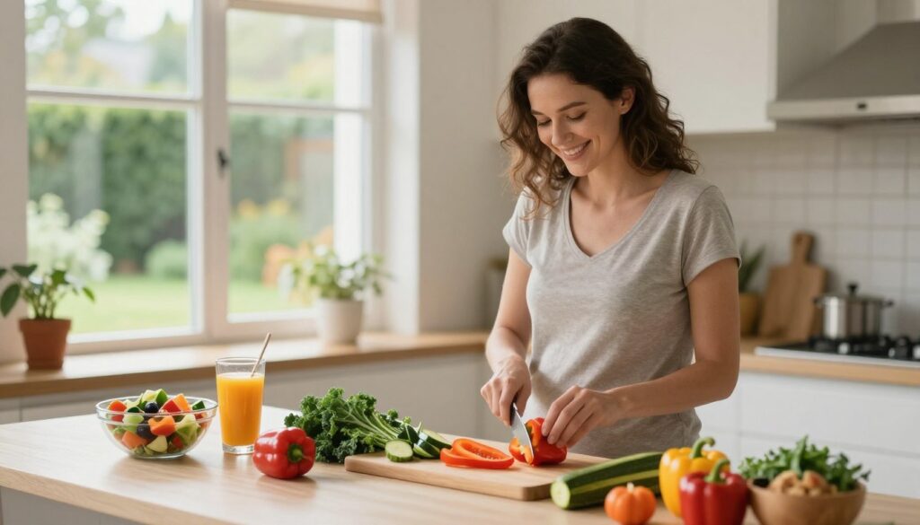 A well-lit kitchen scene featuring a smiling, healthy-looking woman in modest casual clothing, preparing a nutritious meal. She is chopping colorful vegetables, including bell peppers, kale, and zucchini, showcasing a vibrant array of food. In the background, there’s a table set with various healthy dishes, including a colorful salad and fruit smoothies, emphasizing a balanced diet post-pregnancy. Soft, natural lighting filters through a window, casting a warm glow on the scene, creating an inviting atmosphere. The focus is on the woman's joy in maintaining her health and well-being through diet and supplementation for fat burning, symbolizing a positive post-pregnancy journey. A large window view of a peaceful garden adds a serene touch, suggesting a holistic lifestyle. A well-lit kitchen scene featuring a smiling, healthy-looking woman in modest casual clothing, preparing a nutritious meal. She is chopping colorful vegetables, including bell peppers, kale, and zucchini, showcasing a vibrant array of food. In the background, there’s a table set with various healthy dishes, including a colorful salad and fruit smoothies, emphasizing a balanced diet post-pregnancy. Soft, natural lighting filters through a window, casting a warm glow on the scene, creating an inviting atmosphere. The focus is on the woman's joy in maintaining her health and well-being through diet and supplementation for fat burning, symbolizing a positive post-pregnancy journey. A large window view of a peaceful garden adds a serene touch, suggesting a holistic lifestyle.