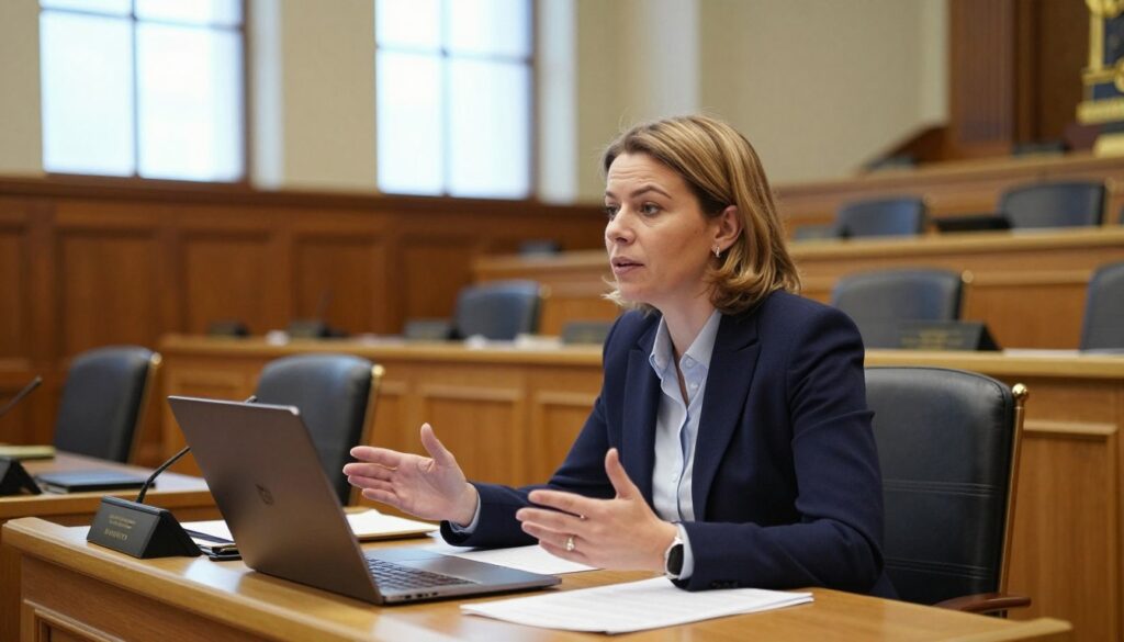 Agnieszka Dziemianowicz-Bąk in a professional setting, wearing a smart business suit, seated at a well-organized desk in the Polish Parliament (Sejm). The foreground features her engaged in a discussion, with a look of determination and focus. Her desk displays a few documents and a laptop, emphasizing her role in governance. In the middle ground, the elegant interior of the Sejm is visible, showcasing large windows allowing soft, natural light to illuminate the space. The background displays architectural details of the Parliament, with polished wooden panels and decorative elements. The atmosphere conveys a sense of professionalism, dedication, and public service, reflecting her involvement in legislative duties. The lighting is warm and inviting, creating a welcoming yet authoritative ambiance. Agnieszka Dziemianowicz-Bąk in a professional setting, wearing a smart business suit, seated at a well-organized desk in the Polish Parliament (Sejm). The foreground features her engaged in a discussion, with a look of determination and focus. Her desk displays a few documents and a laptop, emphasizing her role in governance. In the middle ground, the elegant interior of the Sejm is visible, showcasing large windows allowing soft, natural light to illuminate the space. The background displays architectural details of the Parliament, with polished wooden panels and decorative elements. The atmosphere conveys a sense of professionalism, dedication, and public service, reflecting her involvement in legislative duties. The lighting is warm and inviting, creating a welcoming yet authoritative ambiance.