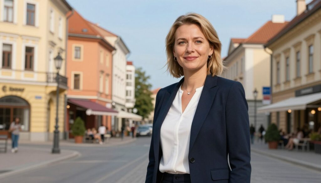 Agnieszka Dziemianowicz-Bąk standing confidently in a picturesque urban setting, symbolizing her political campaign. The foreground showcases her in professional business attire, reflecting a sense of determination and leadership. In the middle ground, include elements of Sopot, such as charming architecture and vibrant street life, subtly hinting at her temporary residence. The background features a clear blue sky, suggesting a hopeful atmosphere. The lighting is soft and warm, enhancing the friendly and approachable mood of the image. Use a slightly angled perspective to add depth, making her the focal point while maintaining the lively context of her surroundings, epitomizing the essence of her campaign within the district. Agnieszka Dziemianowicz-Bąk standing confidently in a picturesque urban setting, symbolizing her political campaign. The foreground showcases her in professional business attire, reflecting a sense of determination and leadership. In the middle ground, include elements of Sopot, such as charming architecture and vibrant street life, subtly hinting at her temporary residence. The background features a clear blue sky, suggesting a hopeful atmosphere. The lighting is soft and warm, enhancing the friendly and approachable mood of the image. Use a slightly angled perspective to add depth, making her the focal point while maintaining the lively context of her surroundings, epitomizing the essence of her campaign within the district.