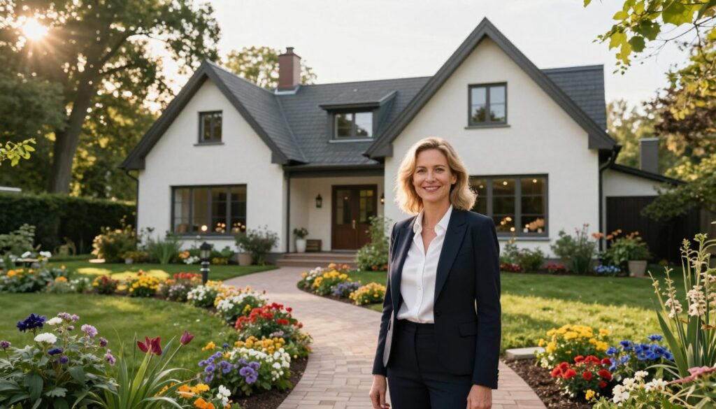 Monika Hoffman-Piszora standing in front of her charming home, which showcases a blend of modern and traditional architecture. In the foreground, she is dressed in elegant business attire, smiling confidently. The middle layer features landscaped gardens with vibrant flowers and a well-kept pathway leading up to the entrance of the house. In the background, tall trees provide shade and a serene ambiance, while soft sunlight filters through the leaves, creating a warm glow. The scene captures a peaceful afternoon atmosphere, highlighting the inviting essence of her living space. Use a slightly elevated angle to give a clear view of both Monika and her home, framing her as a focal point amid the natural beauty.