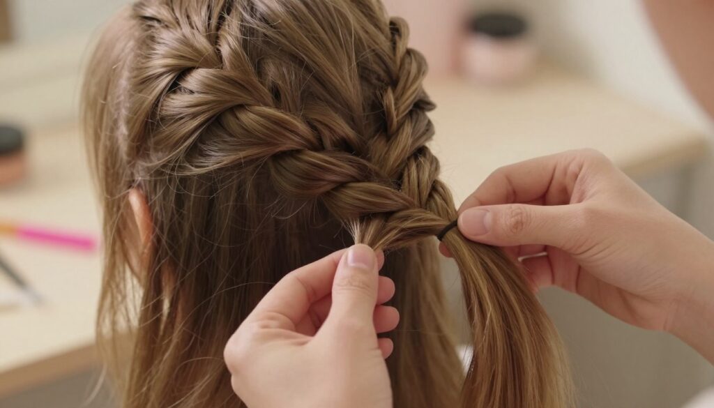 A beautiful, detailed image of a classic three-strand braid being expertly created. In the foreground, focus on a close-up of hands weaving the strands of hair together, showcasing the technique and movement involved. The hands are carefully positioned, with one strand of hair being lifted into place. In the middle, the hair cascades elegantly, reflecting light for a soft sheen, highlighting the texture and flow of the braid. In the background, a softly blurred, cozy room setting adds warmth, with hints of beauty supplies like brushes and ribbons subtly visible. The lighting is warm and inviting, casting gentle shadows, evoking a calm, instructional atmosphere ideal for learning. The image should convey a sense of simplicity and accessibility, encouraging beginners to explore braiding techniques.