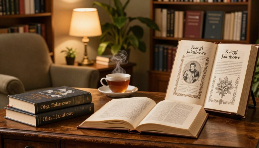 A beautifully arranged collection of "Księgi Jakubowe" by Olga Tokarczuk, displayed on an antique wooden desk. In the foreground, the books are open, showcasing intricate illustrations and elegantly styled text pages, with a warm, golden light illuminating the scene. In the middle ground, a cozy reading nook features a plush armchair, a steaming cup of tea on the side table, and a softly glowing lamp that casts gentle shadows. The background is lined with bookshelves filled with more of Tokarczuk's works, with lush green plants peeking through. The atmosphere is inviting and reflective, evoking a sense of literary exploration and depth, perfect for showcasing the rich world of Tokarczuk's literature.