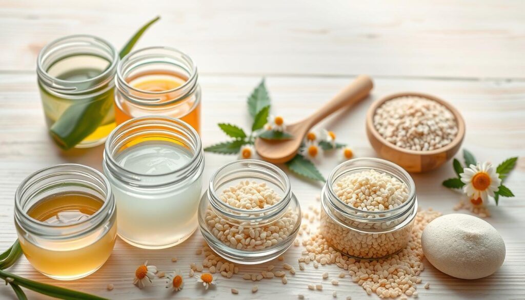 A beautifully arranged flat lay of natural face cleansing ingredients on a light wooden background, including aloe vera gel, honey, chamomile flowers, and gentle exfoliating grains. In the foreground, emphasize glass jars filled with the ingredients, showcasing textures and colors. Add soft, diffused natural lighting to create a calm and inviting atmosphere, highlighting the freshness of the components. In the middle ground, incorporate fresh green leaves and a small wooden spoon for a touch of warmth. The background should be softly blurred to keep the focus on the cleansing ingredients. The overall mood should evoke a sense of purity, wellness, and careful skincare, perfect for promoting gentle and effective facial cleansing without dryness.