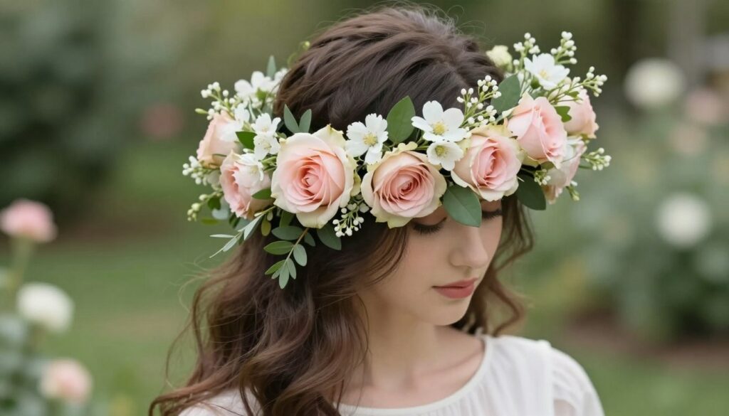 A beautifully arranged floral wreath, or "wianek," composed of soft pastel roses, delicate white blossoms, and lush greenery, placed elegantly on a model’s flowing, loose hair. The scene is captured in soft, diffused natural light, emphasizing the gentle colors and textures of the flowers. In the foreground, the details of the floral arrangement are prominent, showcasing the intricate petals and leaves, while in the background, a blurred garden setting provides a serene ambiance. The model wears a simple, understated white dress, enhancing the romantic feel without distraction. The angle is slightly elevated, focusing on the face and hair adorned with the wianek, conveying a sense of sophistication and elegance, ideal for a bridal hairstyle inspiration.