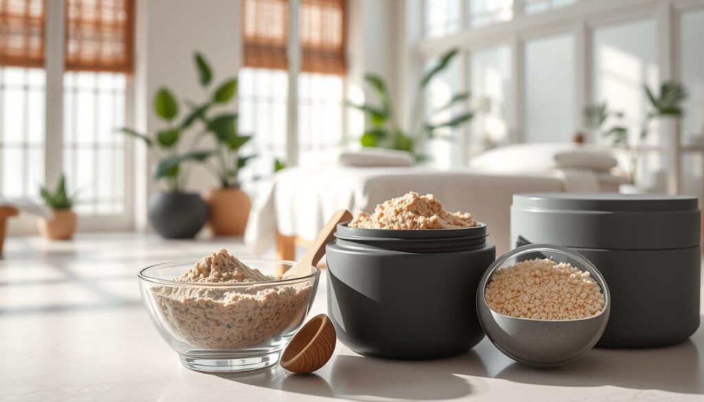 A bright and airy spa setting featuring a neatly arranged display of various mechanical facial scrubs. In the foreground, a finely textured, natural clay scrub sits in a small, elegant glass bowl with a wooden scoop beside it. Next to it, a coarser, gritty exfoliating scrub in a contrasting matte container. Soft natural light filters in through large windows, illuminating the products and creating gentle shadows. In the background, a serene treatment room can be seen with a plush treatment table draped in white linens, surrounded by plants for a touch of greenery. The atmosphere is calming and inviting, perfect for a skincare routine, evoking a sense of relaxation and rejuvenation. A bright and airy spa setting featuring a neatly arranged display of various mechanical facial scrubs. In the foreground, a finely textured, natural clay scrub sits in a small, elegant glass bowl with a wooden scoop beside it. Next to it, a coarser, gritty exfoliating scrub in a contrasting matte container. Soft natural light filters in through large windows, illuminating the products and creating gentle shadows. In the background, a serene treatment room can be seen with a plush treatment table draped in white linens, surrounded by plants for a touch of greenery. The atmosphere is calming and inviting, perfect for a skincare routine, evoking a sense of relaxation and rejuvenation.