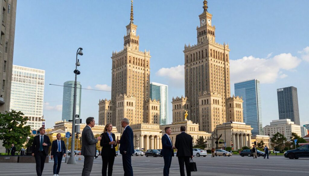 A bustling view of Warszawa, showcasing the iconic Palace of Culture and Science in the foreground, surrounded by modern skyscrapers that reflect the city's vibrant atmosphere. In the middle ground, an elegant street scene features residents in professional business attire engaging in conversation, symbolizing the dynamic political environment. The background reveals the historic architecture of the Old Town, bathed in soft, warm sunlight, creating an inviting yet professional mood. The shot is taken from a low angle, emphasizing the grandeur of the buildings and the busy atmosphere. The image captures a clear blue sky, with a hint of fluffy clouds, portraying a sense of optimism and progress. This scene embodies the legislative heartbeat of Warsaw, perfect for illustrating the government phase and rhythm of work in the Sejm.