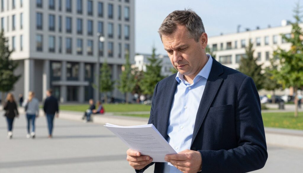 A calm and professional scene depicting a middle-aged man named Wojciech Zimiński, dressed in smart casual clothing, standing in front of a contemporary urban building, representing public information sources. The foreground shows Wojciech with an inquisitive expression, examining documents in his hands. The middle ground includes a city park with people leisurely walking, symbolizing public life, while the background features modern architecture under a clear blue sky. Soft, natural lighting illuminates the scene, creating a serene, informative atmosphere. The composition captures the essence of public information and its accessibility while avoiding any personal or intrusive elements. The image focuses on Wojciech in a respectful manner, ensuring a professional context.