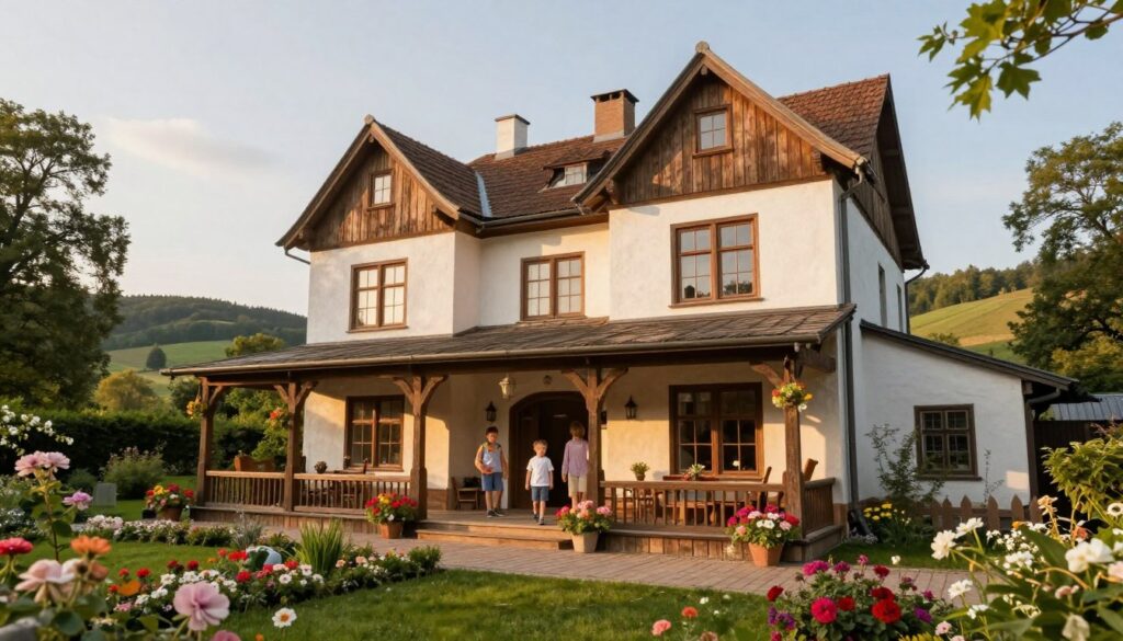 A charming, family-owned manor house in Gołąbki, surrounded by lush greenery and blooming gardens, capturing the essence of a warm, lively atmosphere. In the foreground, a rustic wooden porch with blooming flowerpots invites visitors inside. The middle ground features the majestic, two-story structure of the manor, showcasing its vintage architecture adorned with large windows that reflect sunlight. In the background, gently rolling hills and scattered trees create a serene countryside setting. Soft, golden afternoon light bathes the scene, emphasizing the warmth and nostalgia of the home. The image should evoke a sense of history and familial love, highlighting the story of a vibrant life lived within these walls. Use a wide-angle lens for a comprehensive view and an inviting ambiance.