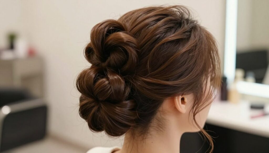 A close-up image of a beautifully styled high bun created using a donut-shaped hair accessory, showcasing thick, voluminous strands of hair. The foreground features the bun in sharp focus, highlighting its smooth texture and intricate twists. In the middle, soft, wispy strands frame the face, adding an elegant touch. The background subtly fades into a blurred beauty salon setting, with soft lighting illuminating the bun, giving it a warm, inviting glow. The atmosphere is one of sophistication and ease, perfect for a bridal hairstyle. Capture this from a slightly elevated angle to emphasize the height and fullness of the bun, making it visually appealing for readers interested in elegant hair styling techniques.