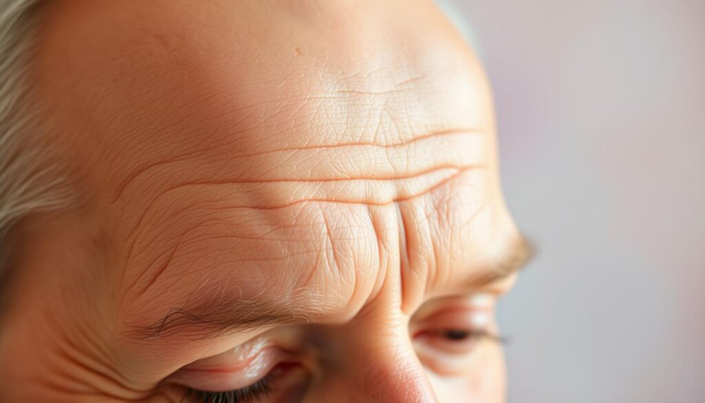 A close-up image of a mature, smooth forehead showcasing detailed skin textures and subtle signs of aging. The foreground focuses on the skin's fine lines and natural imperfections, highlighting areas prone to wrinkles such as the forehead. The middle ground reveals a soft, diffused light illuminating the skin, creating shadows that enhance the textures. The background is a blurred, gentle gradient of pastel colors that evokes a calming atmosphere. The mood is serene and introspective, suggesting a focus on self-care and natural beauty. The image should convey the concept of skin health in a professional context, avoiding any distractions or additional imagery. The subject, if human, should be portrayed in modest casual clothing, ensuring a respectful representation of aging and skincare.