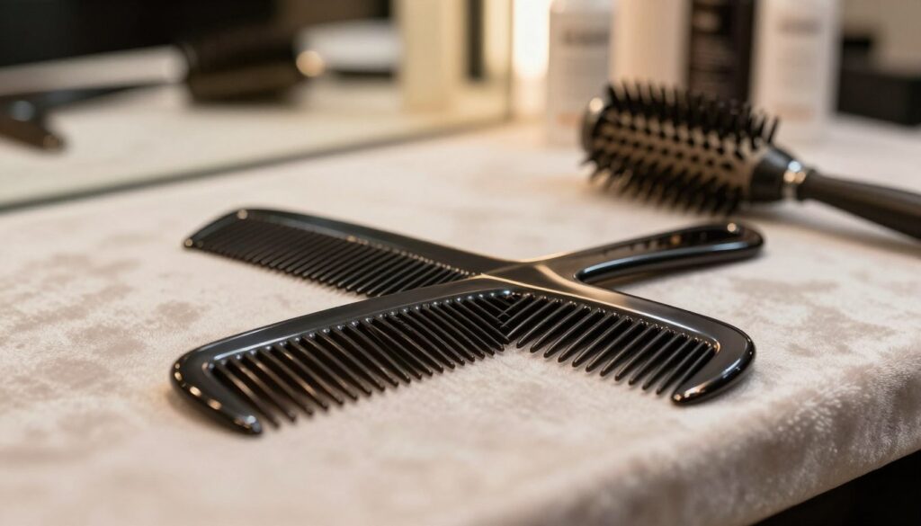 A close-up image of a sleek, elegant comb resting on a soft, luxurious surface, like satin or velvet, in a well-lit salon environment. The comb should have fine teeth and a glossy finish, reflecting a subtle shimmer from the ambient lighting. In the background, a blurred array of professional hairstyling tools, including a round brush and hair products, can be seen, creating a sense of depth and context. Soft, warm lighting bathes the scene, enhancing the sophisticated atmosphere. The overall mood should evoke a sense of elegance and professionalism, suitable for a high-end salon experience focused on achieving a polished, wet hair look. No text or watermarks are included.