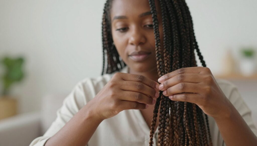 A close-up image of a woman gently caring for her African braids, focusing on the meticulous process of maintaining them. The foreground features her hands applying a natural oil to the ends of the neatly braided hair, showcasing the shine and texture of the braids. In the middle ground, the woman's face is framed with soft, diffused light, highlighting her focused expression and modest casual attire that reflects a relaxed, homey atmosphere. The background is softly blurred, suggesting a cozy, well-lit living space with subtle hints of natural elements like plants, contributing to a peaceful ambiance. The overall mood is serene and nurturing, emphasizing the importance of daily care for braids to keep them looking fresh for weeks.