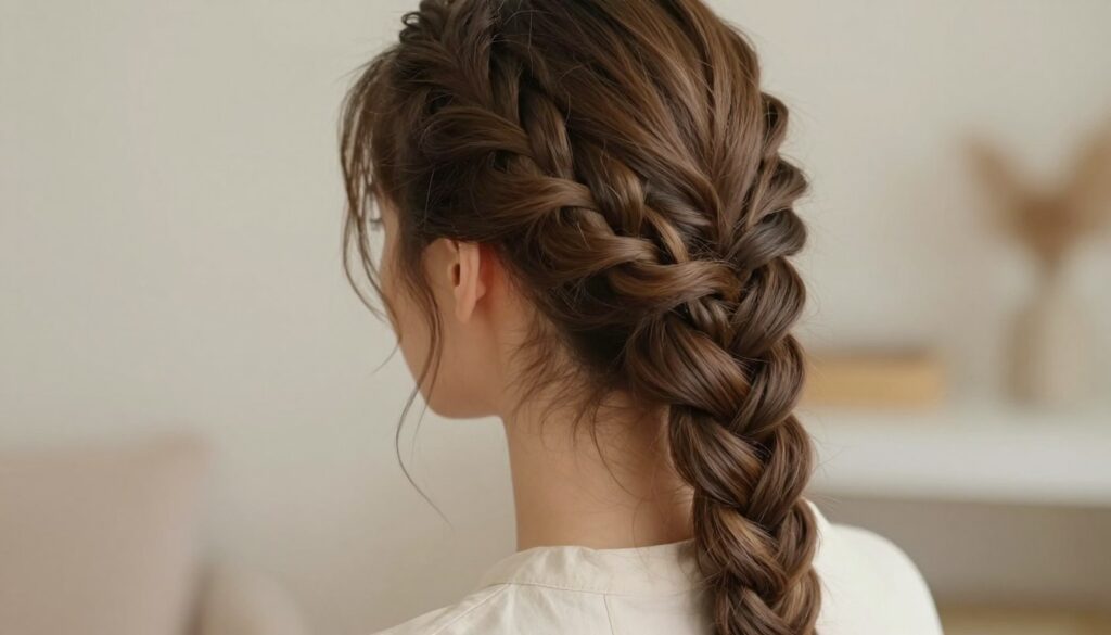 A close-up of a Dutch braid, expertly styled in a model's hair, showcasing the intricate weaving technique of the inverted plait. The focus is on the braid itself, which should appear full and voluminous, with some loose strands framing the model’s face to add softness. The model is wearing a light, modest blouse that complements the braid's elegance. Soft, diffused lighting highlights the braid's texture, casting gentle shadows for depth. The background is a blurred, cozy indoor setting, perhaps a softly colored wall or a stylish, minimalistic room that doesn’t distract from the hairstyle. The overall mood is inviting and informative, evoking a sense of warmth and creativity.