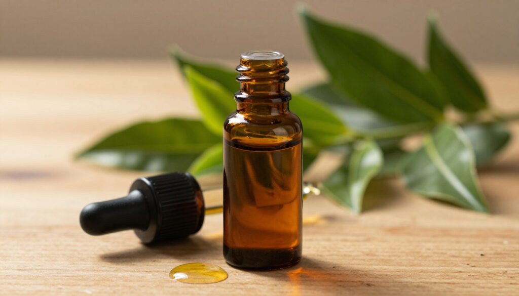 A close-up of a glass bottle of tea tree oil, featuring its deep amber hue and a sleek, elegant design. The bottle rests on a wooden surface, with a small dropper cap beside it. In the background, a blurred array of green tea tree leaves creating a fresh, natural atmosphere. Soft, warm lighting illuminates the scene, casting gentle shadows that enhance the textures of the wood and glass. A few drops of oil are pooled on the surface, reflecting the light for a glistening effect. This image conveys a sense of calm and purity, emphasizing the product's natural origins and its role in everyday hair care routine.