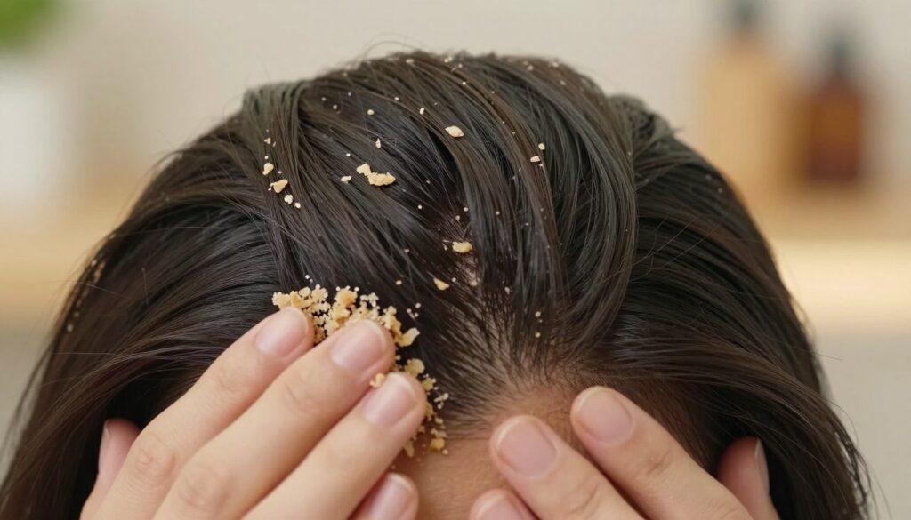 A close-up of a human scalp showcasing the process of exfoliation. The foreground features gentle exfoliation products, such as a natural scrub with soft, grainy textures scattered around. In the middle ground, strands of healthy hair cascade down, with a focus on the scalp revealing tiny flakes of dead skin being lifted away. The background is softly blurred, suggesting a serene bathroom setting with warm, ambient lighting that creates a soothing atmosphere. Include reflections of soft, natural elements like plants or towels, enhancing the feeling of care and rejuvenation. The angle should be slightly above, capturing the scalp's texture while avoiding any signs of discomfort, emphasizing a sense of gentle renewal and cleansing.