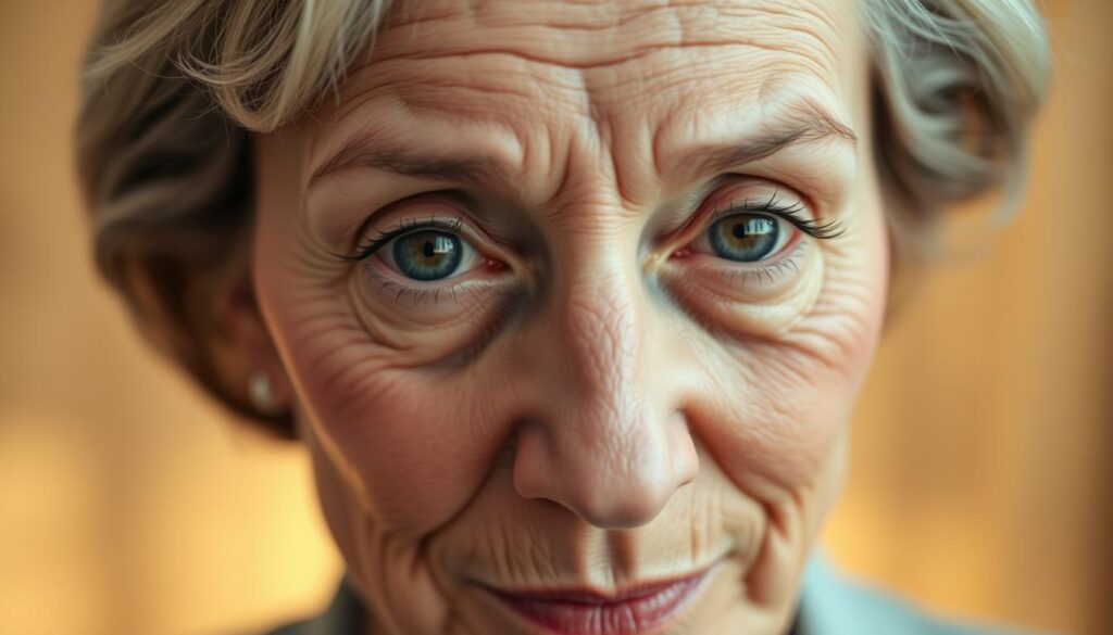 A close-up of a mature woman's face, focusing on her eyes and the area surrounding them, highlighting fine lines and expression wrinkles, known as "zmarszczki mimiczne." The woman is wearing modest, professional attire, with soft lighting to enhance the textures of her skin. Capture her eyes in a thoughtful expression, showcasing deepening crow's feet and slight bags under her eyes, creating a contrast with the smooth skin of her cheeks. The background is softly blurred to emphasize her facial features, using a shallow depth of field that gives a warm, inviting vibe. The overall mood is contemplative and serene, reflecting the wisdom and beauty of aging gracefully. The angle should be slightly above eye level to provide a flattering perspective.