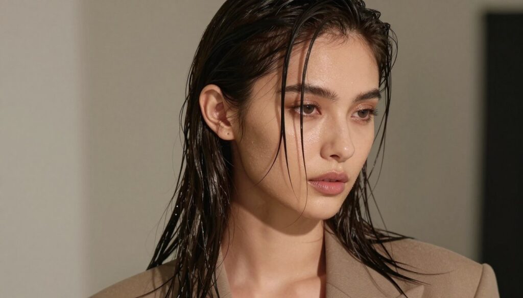 A close-up of a model with elegantly styled wet hair, showcasing a sophisticated wet look that appears fresh rather than greasy. The model is dressed in a stylish, modest outfit, emphasizing natural beauty and confidence. The foreground captures detailed hair texture, glistening under soft, diffused lighting, highlighting the moisture without exaggerating shine. In the middle ground, the model’s serene expression complements the hair style, and the subtle use of shadows adds depth to the image. The background features a softly blurred, neutral-toned setting, enhancing focus on the hair while evoking a calm and polished atmosphere. The overall mood is refined, promoting the idea of elegance and simplicity in achieving the wet hair effect.