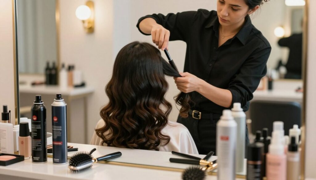 A close-up of elegantly styled hair in preparation for a wedding hairstyle. The foreground captures a beautiful array of hair products, such as hairspray and styling tools, arranged artistically on a sleek counter. The middle ground showcases a professional hairstylist meticulously curling a section of rich, dark hair, creating soft, romantic waves. The stylist wears a chic black shirt and a focused expression. In the background, soft, diffused lighting highlights a well-organized salon with elegant decor, evoking a warm and inviting atmosphere. The scene feels dynamic yet calm, embodying the anticipation and meticulous attention to detail in hair preparation for a wedding. The overall mood is sophisticated and bridal, emphasizing the importance of hair styling for a special occasion.