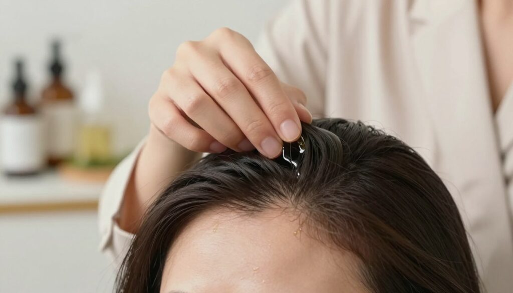 A close-up of healthy, glowing scalp skin under soft, natural lighting, with a focus on the texture and sheen of the skin. The foreground features a carefully applied natural oil, glistening slightly on the skin, emphasizing the importance of proper oil application for scalp health. In the middle, show a gentle hand applying the oil, wearing a light, modest outfit to maintain professionalism. The background is softly blurred, suggesting a serene, clean environment, perhaps with subtle elements of a well-organized hair care space, like bottles of oil and herbal ingredients. The overall mood is calming and informative, ideal for conveying the thoughtful approach to scalp oiling for hair growth. A close-up of healthy, glowing scalp skin under soft, natural lighting, with a focus on the texture and sheen of the skin. The foreground features a carefully applied natural oil, glistening slightly on the skin, emphasizing the importance of proper oil application for scalp health. In the middle, show a gentle hand applying the oil, wearing a light, modest outfit to maintain professionalism. The background is softly blurred, suggesting a serene, clean environment, perhaps with subtle elements of a well-organized hair care space, like bottles of oil and herbal ingredients. The overall mood is calming and informative, ideal for conveying the thoughtful approach to scalp oiling for hair growth.
