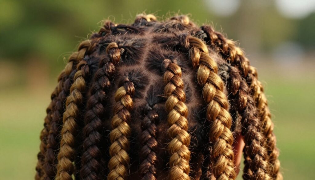 A close-up of natural African hair styled in beautiful, intricate braids, showcasing the rich textures and volumes typical of untreated hair. The foreground features a diverse set of braids, highlighting various styles and colors, with a focus on deep browns and golden hues. In the middle ground, a gentle, golden light enhances the natural shine of the hair, creating a warm and inviting atmosphere. The background is softly blurred with hints of lush greenery, suggesting a serene outdoor setting. The overall mood is one of celebration of natural beauty and cultural heritage, inviting viewers to appreciate the unique characteristics of natural hair. The image should convey a professional aesthetic with no text or graphics.