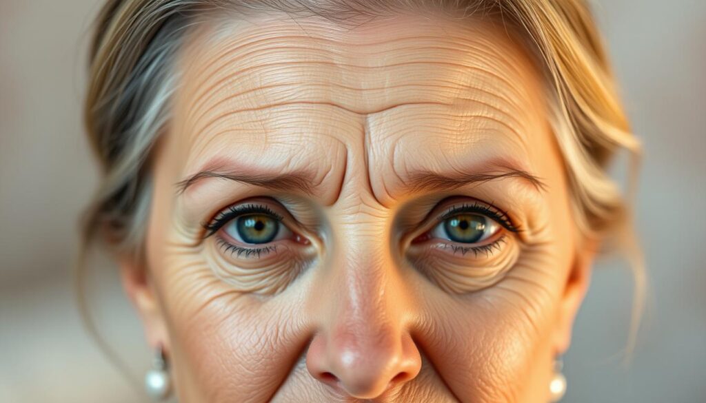 A close-up portrait of a mature woman with a neutral expression, focusing on her forehead where distinct horizontal wrinkles and a pronounced frown line, often referred to as the "lion wrinkle," are visible. She has a natural, untouched appearance, showcasing authentic skin textures. The lighting is soft and diffused, highlighting the subtle contours of her face while avoiding harsh shadows. The background is blurred, creating depth with a hint of soft pastel colors that evoke a calm and reflective mood. The use of a 50mm lens offers a close and intimate perspective, too, emphasizing her facial features without distraction. The image should convey a sense of realism and relatability, reflecting concerns about aging and skin care. A close-up portrait of a mature woman with a neutral expression, focusing on her forehead where distinct horizontal wrinkles and a pronounced frown line, often referred to as the "lion wrinkle," are visible. She has a natural, untouched appearance, showcasing authentic skin textures. The lighting is soft and diffused, highlighting the subtle contours of her face while avoiding harsh shadows. The background is blurred, creating depth with a hint of soft pastel colors that evoke a calm and reflective mood. The use of a 50mm lens offers a close and intimate perspective, too, emphasizing her facial features without distraction. The image should convey a sense of realism and relatability, reflecting concerns about aging and skin care.