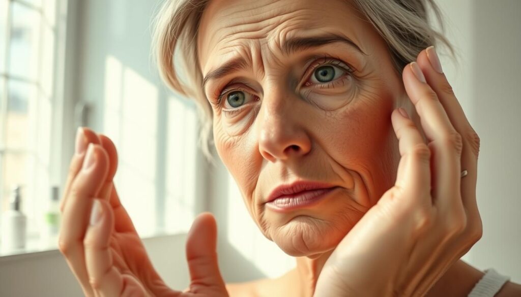 A close-up portrait of a middle-aged woman examining her skin in a bright, well-lit bathroom. She has fine lines around her mouth, often referred to as "smoker's wrinkles," highlighting her concern about skin aging. Her expression is thoughtful yet hopeful. Soft natural light filters through a window, illuminating her face and creating gentle shadows that emphasize her features. In the background, a mirror reflects skincare products neatly arranged on a countertop, adding a sense of serenity and self-care to the scene. The atmosphere conveys a feeling of reflection and determination to improve one's appearance, with a focus on skin health and aging gracefully. The woman is wearing a modest casual outfit, reflecting a relatable, everyday setting.