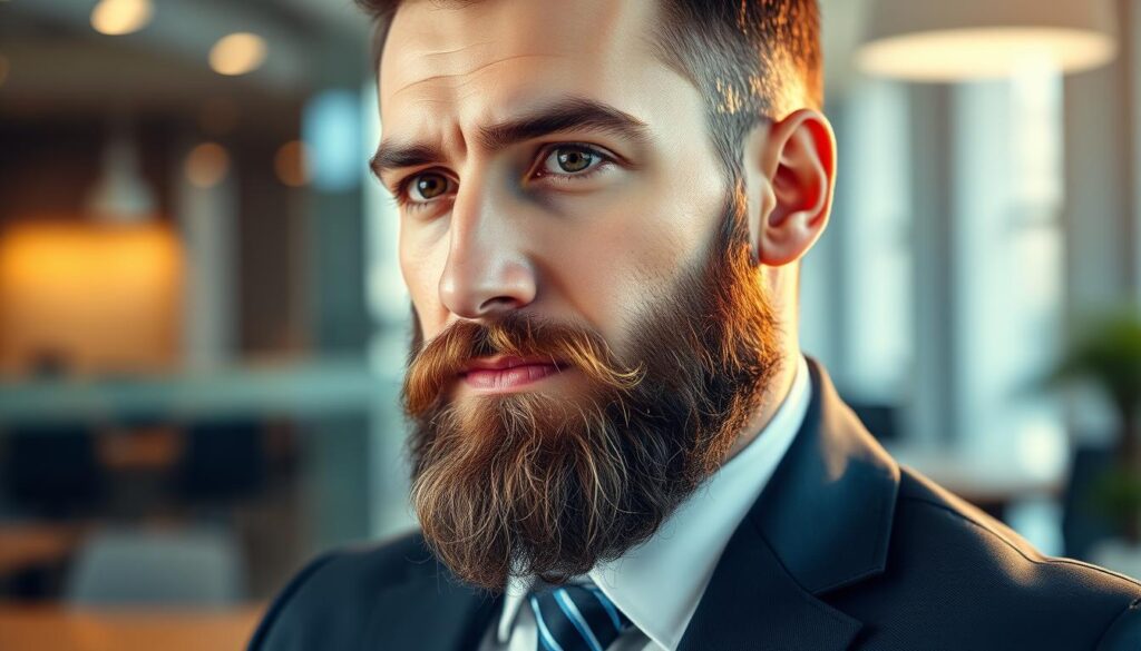 A close-up portrait of a professional man in smart casual attire, showcasing a well-groomed beard that highlights variations in hair density and texture. His facial hair is meticulously shaped, emphasizing both thick and sparse areas to illustrate the concept of beard density. The lighting is soft and warm, creating a flattering glow on his face, with a subtle focus on the beard details. The background features a blurred modern office setting, suggesting a professional environment. The mood is confident and thoughtful, representing the relationship between grooming habits and hair growth. The angle is slightly tilted to draw attention to the facial hair, ensuring the composition is engaging and informative about beard density.