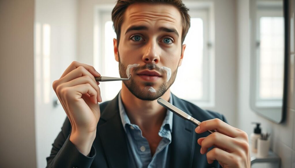 A close-up portrait of a young man in professional casual attire, standing in a well-lit modern bathroom while shaving with a straight razor. His face is half-shaven, showcasing the texture of short, dark hair that contrasts with freshly shaven skin, emphasizing the myth that shaving makes hair grow back thicker. The background features sleek bathroom elements like a mirror and well-organized shaving tools, creating a polished and clean environment. Soft, natural light filters in from a window, casting gentle shadows and highlighting the contours of his face, evoking an atmosphere of contemplation and self-care. The focus is on the man's expression, reflecting curiosity and thoughtfulness about common myths surrounding shaving.