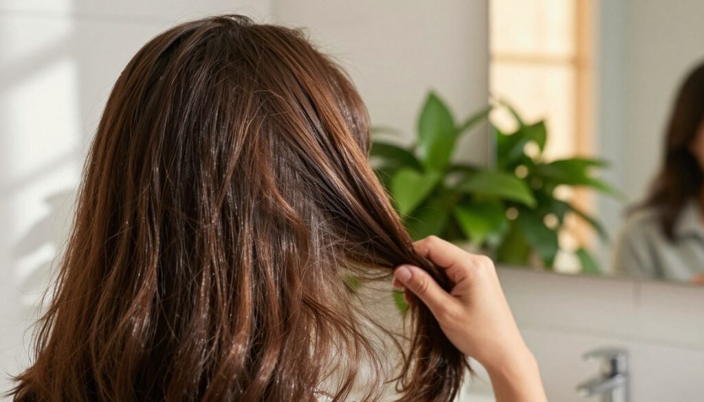 A close-up view of a healthy head of hair showcasing rapid growth, intricately arranged in lush, vibrant strands. The foreground features a person gently running their fingers through their hair, which appears glossy and voluminous, conveying a sense of vitality. In the middle ground, a lush green plant symbolizes natural growth, enhancing the theme of hair health. The background includes a softly focused bathroom mirror reflecting warm sunlight that filters through a nearby window, creating an inviting and serene atmosphere. The lighting is bright yet soft, highlighting the textures of the hair and plant. The mood is uplifting and positive, emphasizing easy self-care and the journey to healthy hair. The person is dressed in modest casual attire, reflecting a relaxed and professional vibe. A close-up view of a healthy head of hair showcasing rapid growth, intricately arranged in lush, vibrant strands. The foreground features a person gently running their fingers through their hair, which appears glossy and voluminous, conveying a sense of vitality. In the middle ground, a lush green plant symbolizes natural growth, enhancing the theme of hair health. The background includes a softly focused bathroom mirror reflecting warm sunlight that filters through a nearby window, creating an inviting and serene atmosphere. The lighting is bright yet soft, highlighting the textures of the hair and plant. The mood is uplifting and positive, emphasizing easy self-care and the journey to healthy hair. The person is dressed in modest casual attire, reflecting a relaxed and professional vibe.