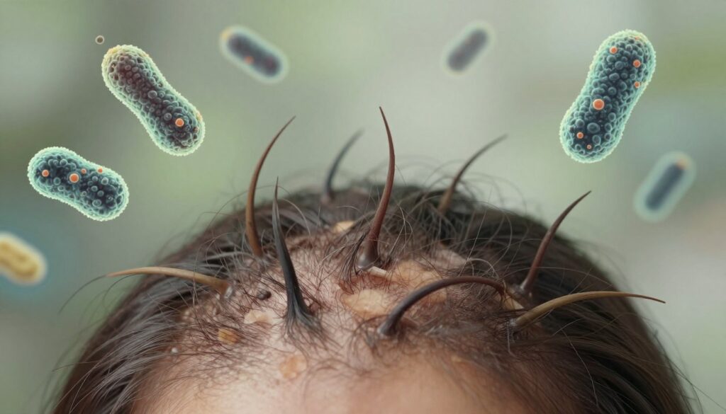 A close-up view of a human scalp showcasing common causes of dandruff, highlighting areas affected by Malassezia fungi, excess sebum, dryness, and stress. In the foreground, include a diverse group of hair follicles with visible signs of flaking skin. The middle ground features microscopic views of Malassezia fungi, illustrated in a stylized, educational manner, with subtle details emphasizing their shape and structure. In the background, create a calm and soothing atmosphere with soft, natural lighting filtering through, adding a sense of serenity. Use a soft focus on the background elements to emphasize the scalp and fungi, capturing a mood of curiosity and learning about scalp health.
