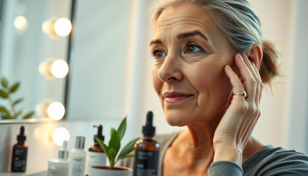 A close-up view of a mature woman examining her skin in a bright, warmly lit bathroom, showcasing effects on the skin. She has subtle fine lines and a radiant complexion, indicative of a recent skincare treatment. The foreground features a collection of skincare products neatly arranged on a marble countertop—serums, moisturizers, and a small potted plant for freshness. In the background, soft-focus elements like a mirror reflecting gentle lighting enhance the serene atmosphere. The mood is uplifting and hopeful, conveying a sense of self-care and positivity. The woman wears a modest, casual outfit that exudes professionalism, with her hair neatly pulled back, further emphasizing her thoughtful expression as she enjoys the moment of self-reflection. A close-up view of a mature woman examining her skin in a bright, warmly lit bathroom, showcasing effects on the skin. She has subtle fine lines and a radiant complexion, indicative of a recent skincare treatment. The foreground features a collection of skincare products neatly arranged on a marble countertop—serums, moisturizers, and a small potted plant for freshness. In the background, soft-focus elements like a mirror reflecting gentle lighting enhance the serene atmosphere. The mood is uplifting and hopeful, conveying a sense of self-care and positivity. The woman wears a modest, casual outfit that exudes professionalism, with her hair neatly pulled back, further emphasizing her thoughtful expression as she enjoys the moment of self-reflection.