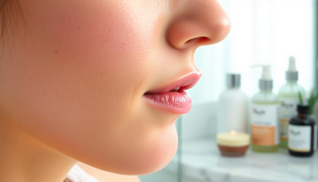 A close-up view of a person's face, focusing on the skin texture around the nose and cheeks, highlighting closed comedones, commonly referred to as blackheads. The skin appears healthy yet affected by these small, raised bumps, with a subtle sheen of natural oil. The lighting is soft and diffused, mimicking a well-lit vanity mirror setting, enhancing the details of the skin without harsh shadows. In the background, a well-organized skincare routine is visible on a countertop, including gentle exfoliants and natural remedies, creating an inviting atmosphere for skincare. The mood is educational and calm, promoting a thoughtful approach to skincare, with no visible text or distractions in the frame. A close-up view of a person's face, focusing on the skin texture around the nose and cheeks, highlighting closed comedones, commonly referred to as blackheads. The skin appears healthy yet affected by these small, raised bumps, with a subtle sheen of natural oil. The lighting is soft and diffused, mimicking a well-lit vanity mirror setting, enhancing the details of the skin without harsh shadows. In the background, a well-organized skincare routine is visible on a countertop, including gentle exfoliants and natural remedies, creating an inviting atmosphere for skincare. The mood is educational and calm, promoting a thoughtful approach to skincare, with no visible text or distractions in the frame.