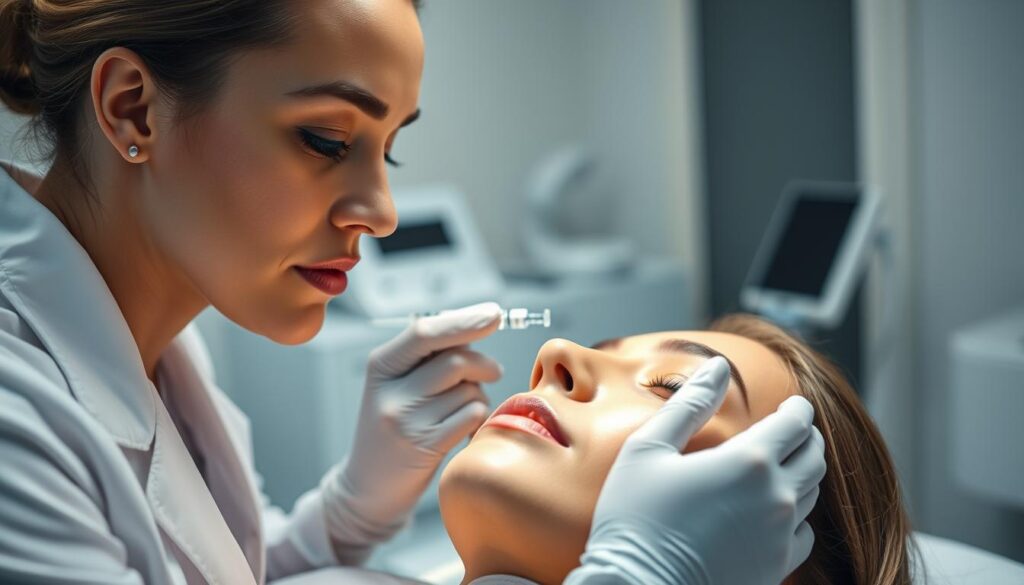 A close-up view of a professional aesthetician performing needle-based facial mesotherapy on a patient in a modern clinic setting. The foreground shows a calm and focused aesthetician, wearing a white lab coat and protective gloves, gently administering micro-injections into the patient’s face, with a syringe in hand. The middle ground features the patient lying comfortably on a treatment bed, with soothing, soft lighting enhancing the serene ambiance. The background contains blurred medical equipment and light-colored walls, suggesting a clean and professional environment. The overall mood is peaceful and clinical, highlighting the meticulous, rejuvenating process of facial mesotherapy, showcasing the technique’s precision and care.