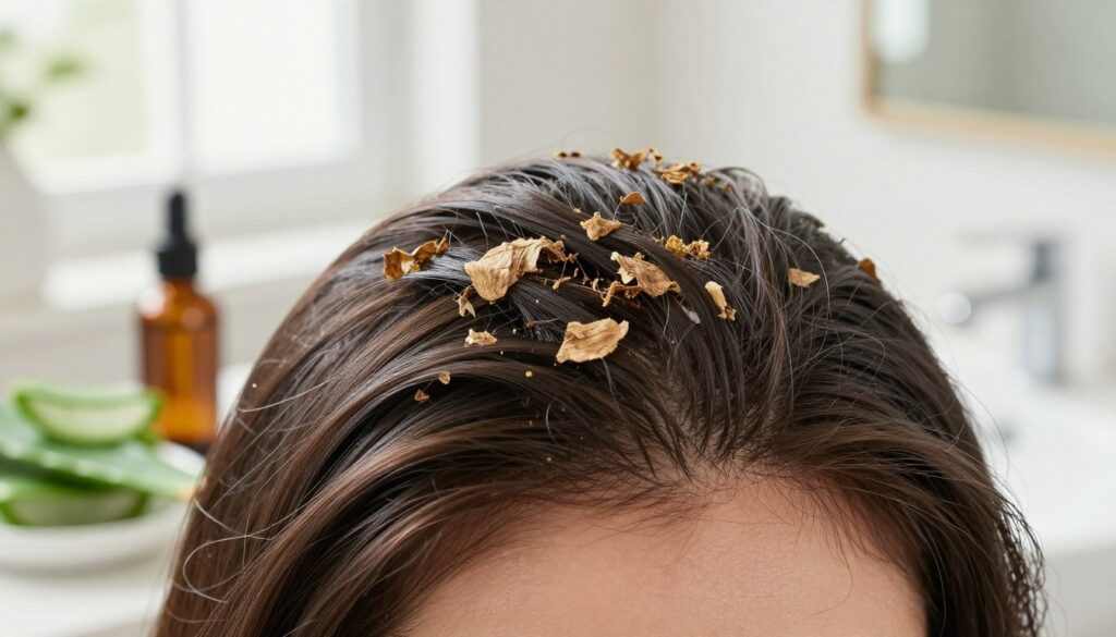 A close-up view of a scalp with oily dandruff, showcasing distinct flakes and healthy hairs around it. The background features a softly blurred bathroom setting, with natural light streaming in through a window, creating a bright and airy atmosphere. In the foreground, include natural ingredients like aloe vera, tea tree oil, and herbal infusions, subtly placed in a small bowl, hinting at their use in home remedies. A gentle focus on the scalp detail highlights the texture and condition, while the ingredients symbolize soothing and drying properties. The overall mood is calm and clinical, inspiring a sense of hope for effective treatments against oily dandruff.