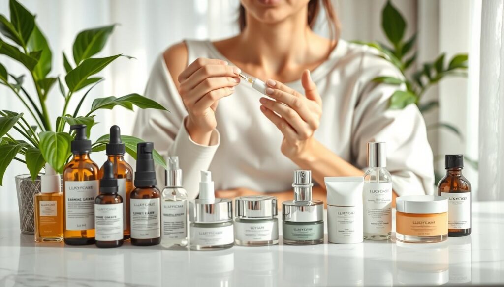 A close-up view of a skincare routine focusing on brightening post-acne red discolorations (PIE). In the foreground, a well-organized array of skincare products such as serums, creams, and gentle exfoliators displayed on a pristine white marble countertop. In the middle ground, a woman's hands apply a serum onto her cheek, showcasing the product's texture, surrounded by fresh green plants, conveying a sense of calm and rejuvenation. The background features softly diffused natural light filtering through sheer curtains, creating a warm, inviting atmosphere. The composition should feel serene and uplifting, emphasizing the theme of skin health without any distractions or clutter, while adhering to safety standards by depicting the woman in modest casual clothing. The angle captures both her hands and the skincare products distinctly.