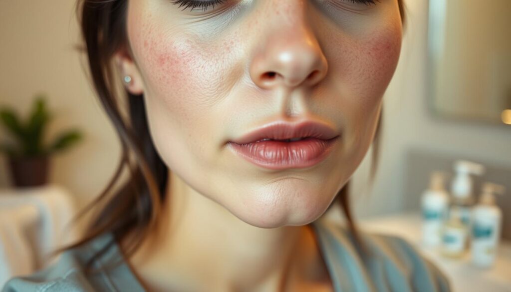 A close-up view of a woman's face exhibiting mild redness and irritation after facial hair removal. The foreground focuses on her cheeks and upper lip, where the skin shows signs of post-depilation irritation. She has a neutral expression, dressed in modest casual clothing. The lighting is soft and diffuse, creating a warm, soothing atmosphere. In the middle background, a gently blurred bathroom setting is visible, containing skincare products like calming lotions and gels, hinting at soothing remedies. The overall tone is informative and empathetic, emphasizing the importance of skin care post-hair removal without any distractions such as text or branding. The angle of the shot should give a clear and comforting view of the woman's facial features, highlighting the affected areas gently. A close-up view of a woman's face exhibiting mild redness and irritation after facial hair removal. The foreground focuses on her cheeks and upper lip, where the skin shows signs of post-depilation irritation. She has a neutral expression, dressed in modest casual clothing. The lighting is soft and diffuse, creating a warm, soothing atmosphere. In the middle background, a gently blurred bathroom setting is visible, containing skincare products like calming lotions and gels, hinting at soothing remedies. The overall tone is informative and empathetic, emphasizing the importance of skin care post-hair removal without any distractions such as text or branding. The angle of the shot should give a clear and comforting view of the woman's facial features, highlighting the affected areas gently.