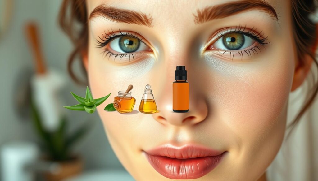 A close-up view of a woman’s face, showcasing her smooth and radiant skin, emphasizing a natural and healthy complexion. The foreground highlights her gently glowing skin, with soft lighting illuminating the contours of her cheeks and forehead, creating a serene and calming atmosphere. In the middle, a subtle representation of natural skincare products, such as aloe vera, honey, and essential oils, arranged aesthetically around her face, hinting at a DIY approach to skincare. The background features a softly blurred bathroom setting with gentle pastel colors, enhancing the cozy, inviting feeling of a personal care routine. The overall mood is tranquil and nurturing, perfect for illustrating skin preparation for facial hair removal at home. The image excludes any text or branding. A close-up view of a woman’s face, showcasing her smooth and radiant skin, emphasizing a natural and healthy complexion. The foreground highlights her gently glowing skin, with soft lighting illuminating the contours of her cheeks and forehead, creating a serene and calming atmosphere. In the middle, a subtle representation of natural skincare products, such as aloe vera, honey, and essential oils, arranged aesthetically around her face, hinting at a DIY approach to skincare. The background features a softly blurred bathroom setting with gentle pastel colors, enhancing the cozy, inviting feeling of a personal care routine. The overall mood is tranquil and nurturing, perfect for illustrating skin preparation for facial hair removal at home. The image excludes any text or branding.