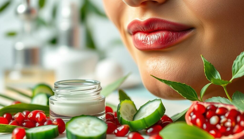 A close-up view of a woman's lips surrounded by vibrant, natural ingredients known for wrinkle reduction. In the foreground, showcase detailed elements like a small jar of cream, anti-aging serums, and fresh botanical ingredients such as cucumber slices, aloe vera, and pomegranate seeds, artistically arranged. The middle background should feature soft-focus elements of a beautiful skincare routine setting, like elegant tools or a soothing light. In the background, incorporate a calming atmosphere with blurred greenery or soft pastel colors, evoking tranquility and rejuvenation. Use bright, diffused lighting to enhance the colors and create a fresh, inviting mood that emphasizes beauty and care. Capture the image from a slightly elevated angle to highlight the product arrangement and the lip area harmoniously.